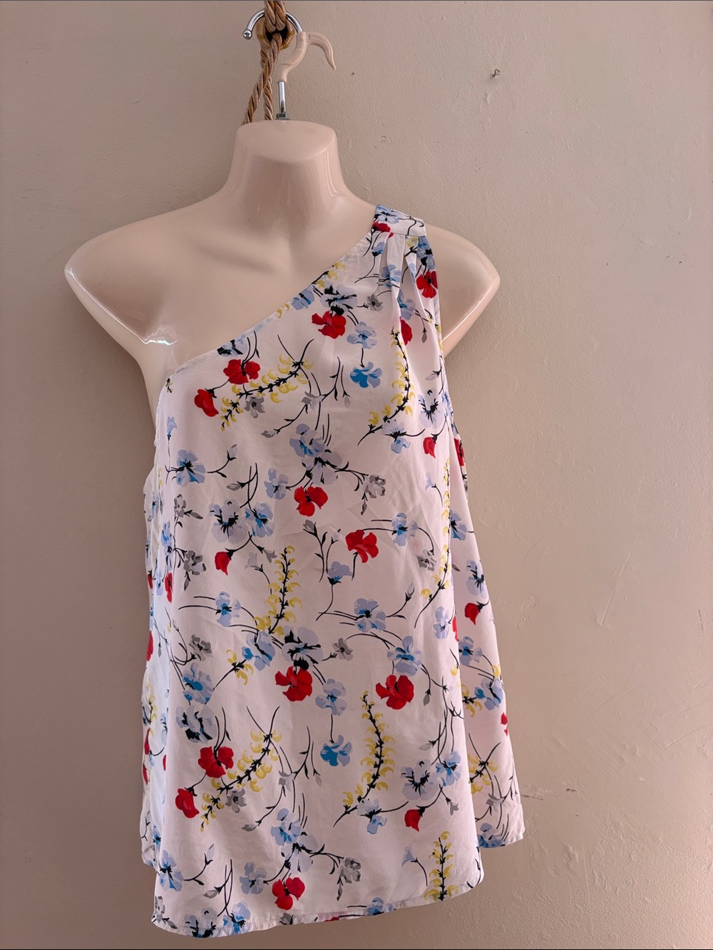One-Shoulder Floral Summer Top - White with Red, Blue & Yellow Flowers. Silk